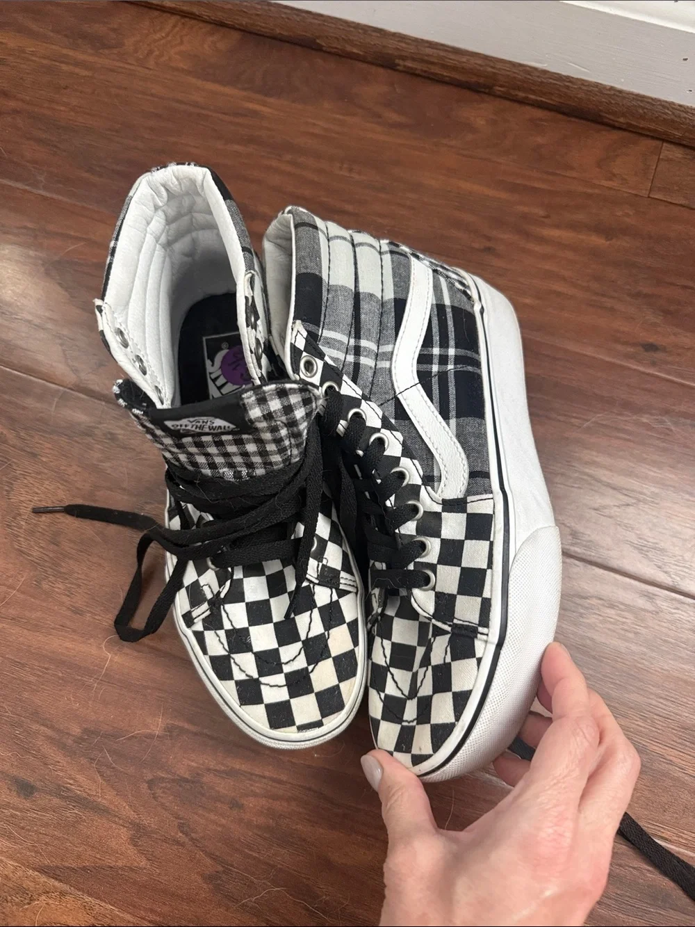 Vans Black and White Checkerboard High-Top Sneakers - Picture 4 of 5